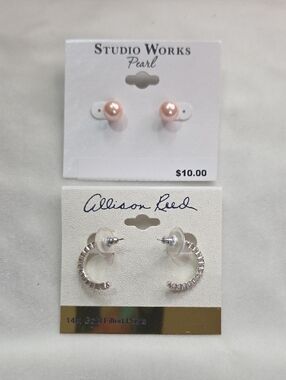 Lot of 2 Pairs Pierced Earrings Studio Works Pearl and Allison Reed Rhinestone